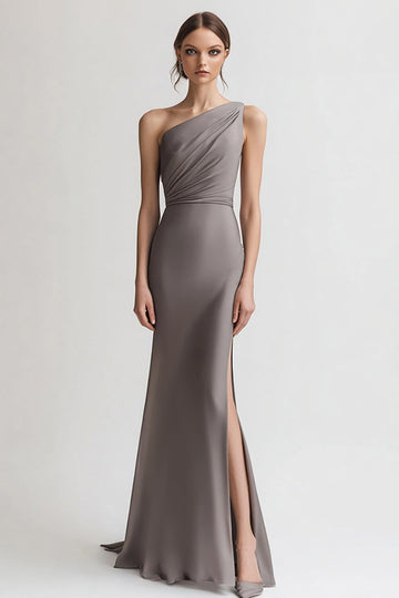 One Shoulder Grey Sheath Evening Dress with Slit